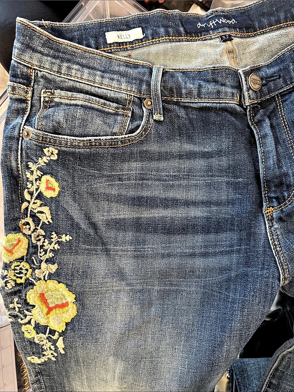 Blue distressed Driftwood Kelly Floral Embroidered straight leg Jeans.